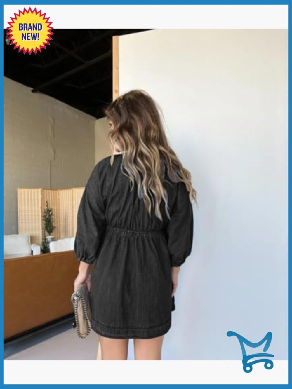 Denim Babydoll Dress - V Neck Puff Sleeve Swing Flowy Midi Shift Dress - Picture 5 of 6